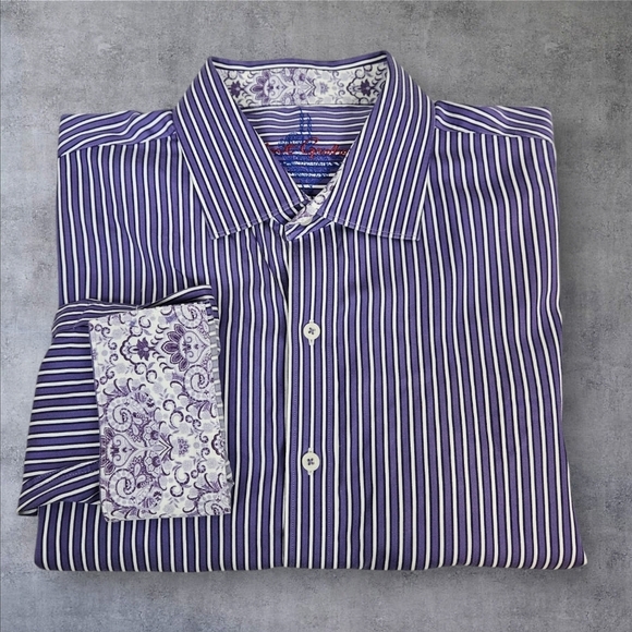 Robert Graham Purple & White Striped Flip Cuff‎ Button Down Shirt Size XXL R40 - Picture 1 of 15